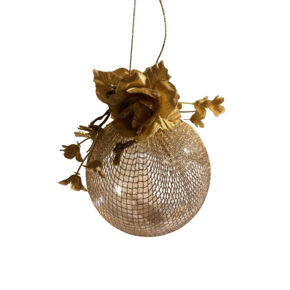 Neiman Marcus Iridescent Glass Ornament Adorned w Gold Trim Gold Flowers w Box